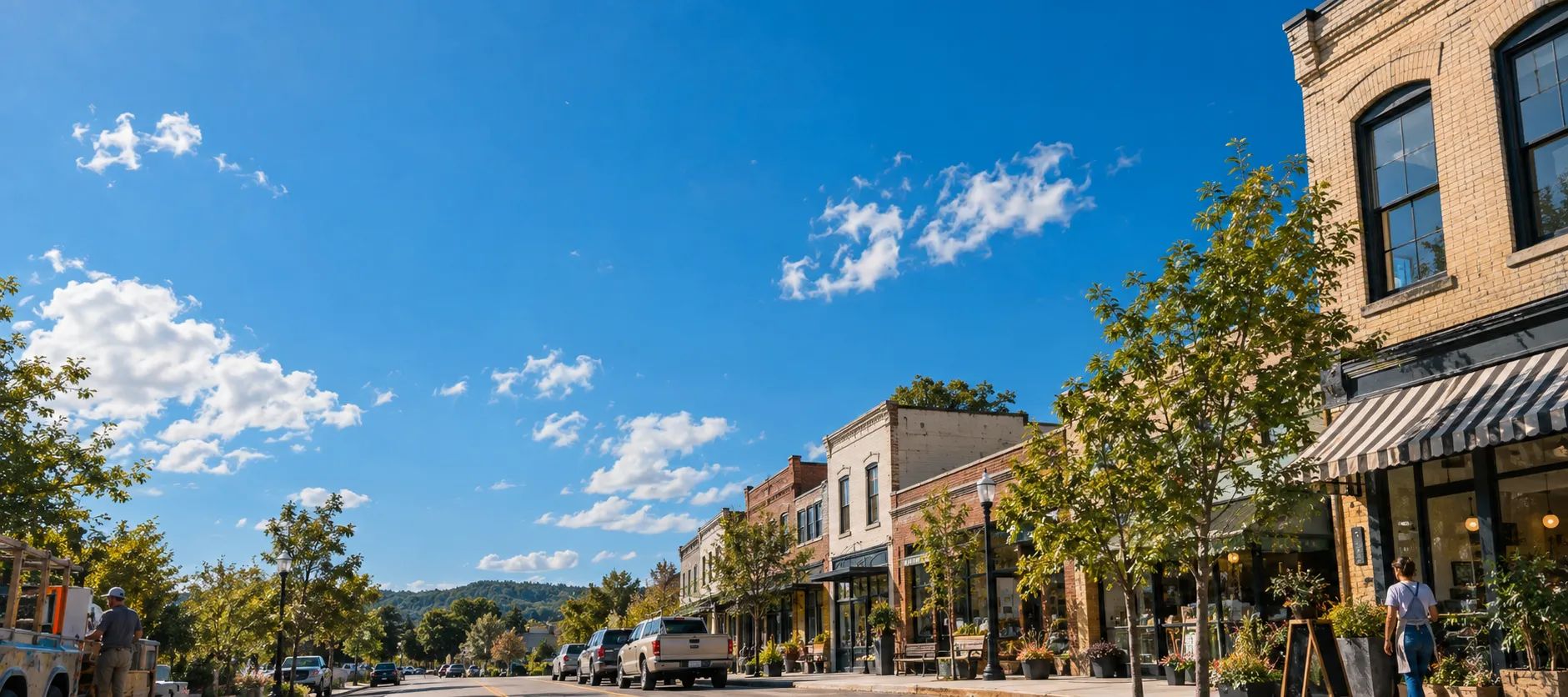A sunny main street of local shops and storefronts under a wide blue sky